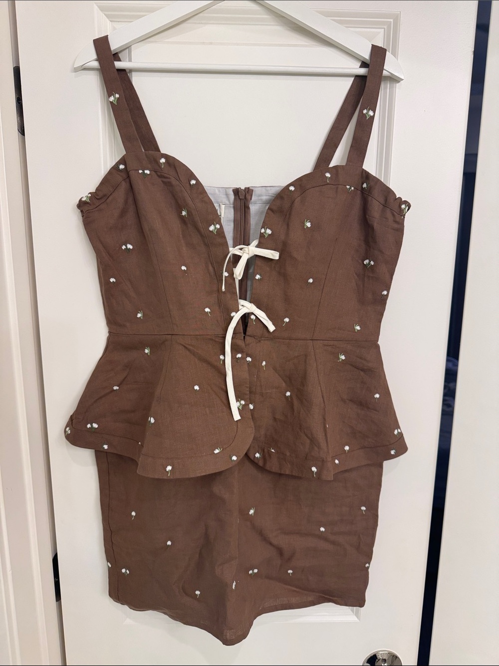 Fanm Mon Brown Mini Dress with White Tie and Tiny White Embroidery